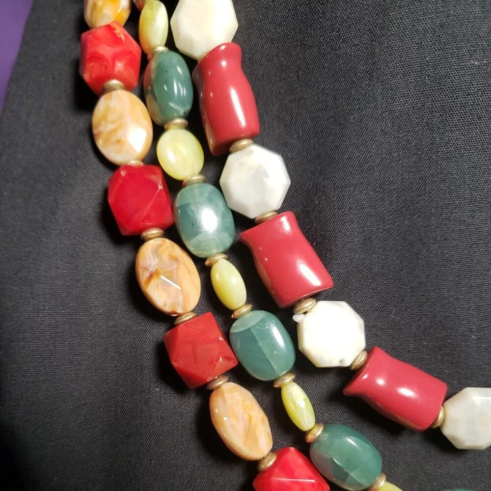 Dana Buchman Signed Three Layer Multicolored Necklace, Matte Yellow Gold Tone